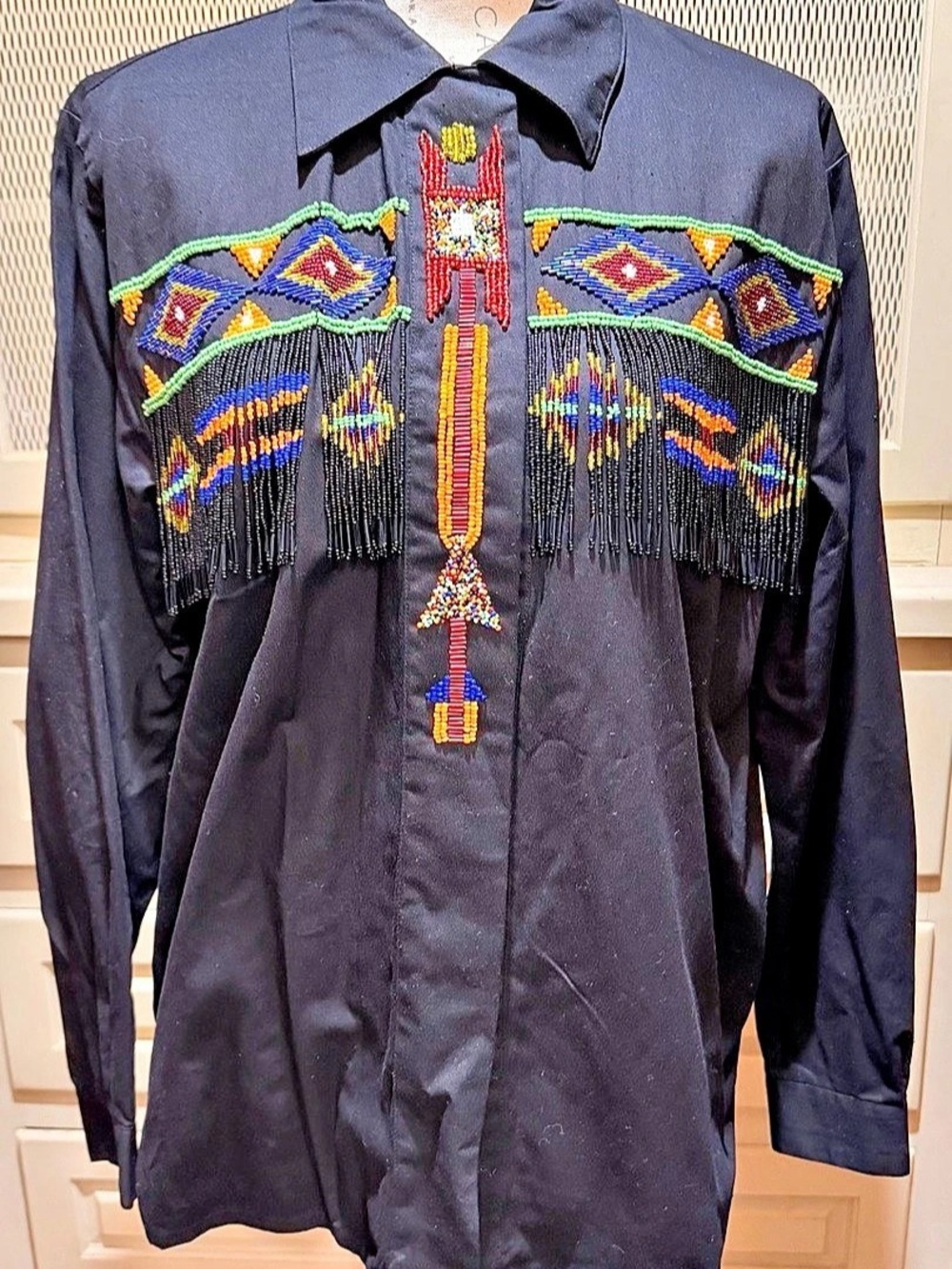 VTG 80s Lew Magram Black Beaded Fringe Southwestern Cowboy Western Shirt